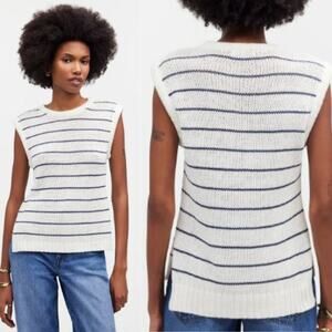 Madewell Womens Stripe Puff-Trim Sweater Vest NQ977 Bright Ivory Navy Size S NWT